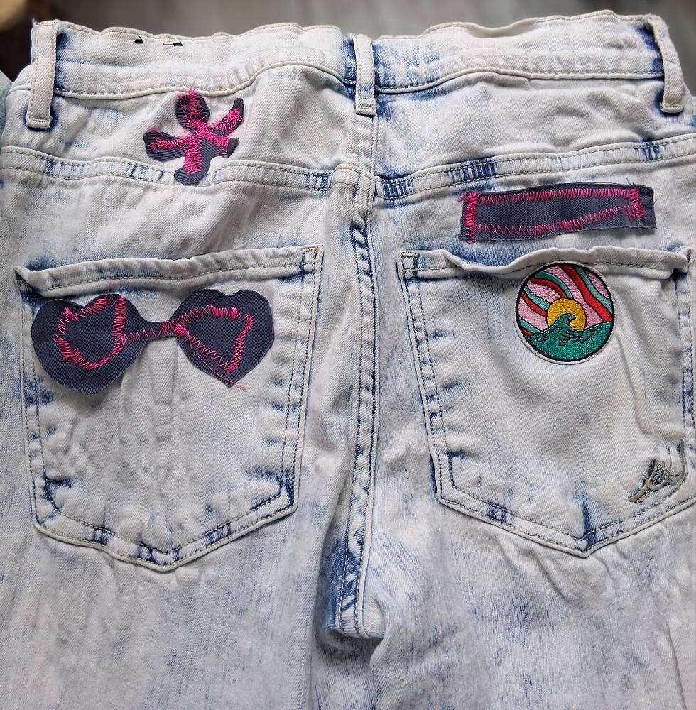 Handmade Altered Sz 0 Distressed EMBLESHED Art Redone Upcycled Denim - Picture 2 of 8